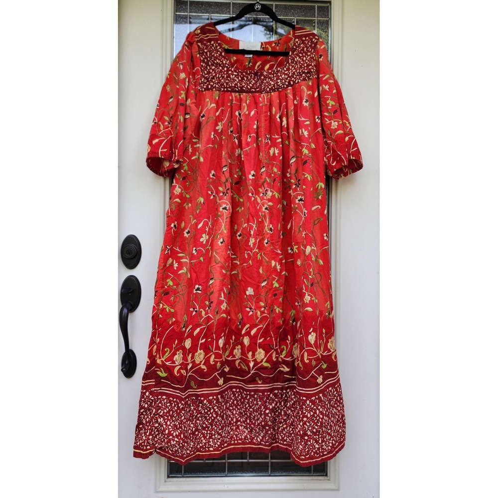 Vintage Comfort Choice 100% Cotton 1X Red Mumu House Shift Dress Boho Retro XXL